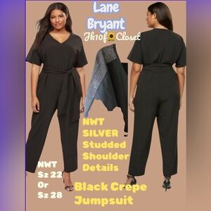 🌻NWT LANE BRYANT Sz28 SILVER STUDDED SHOULDERS BLACK CREPE BELTED JUMPSUIT